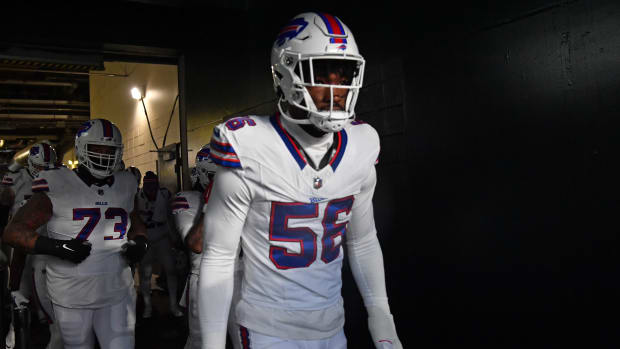 Nov 26, 2023; Philadelphia, Pennsylvania, USA; Buffalo Bills defensive end Leonard Floyd (56) in the tunnel against the Philadelphia Eagles at Lincoln Financial Field. Mandatory Credit: Eric Hartline-USA TODAY Sports  